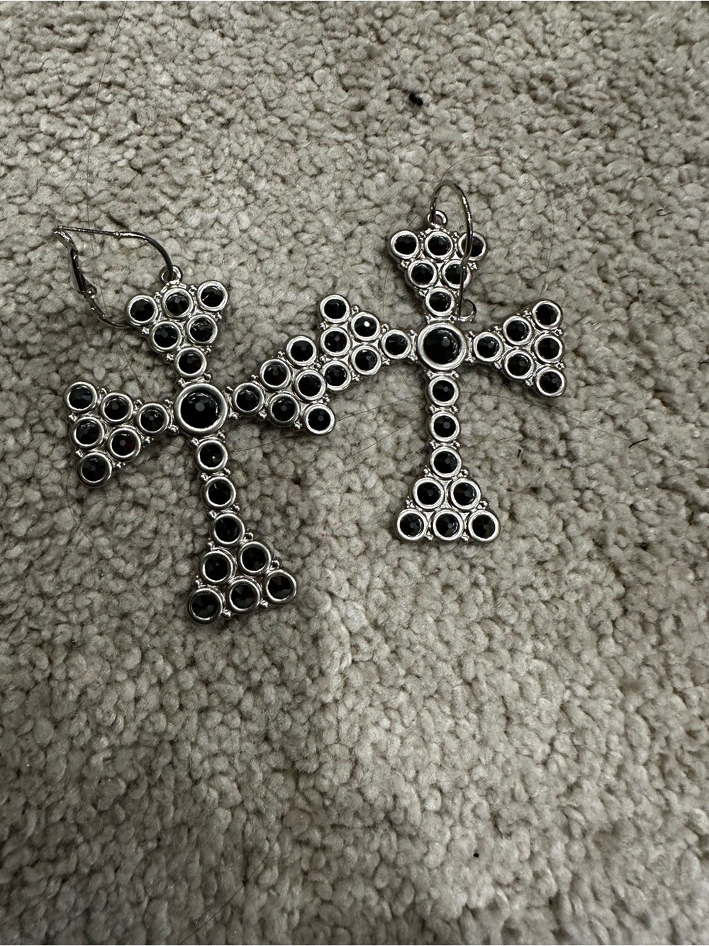 Silver Cross Dangle Earrings with Black Accents